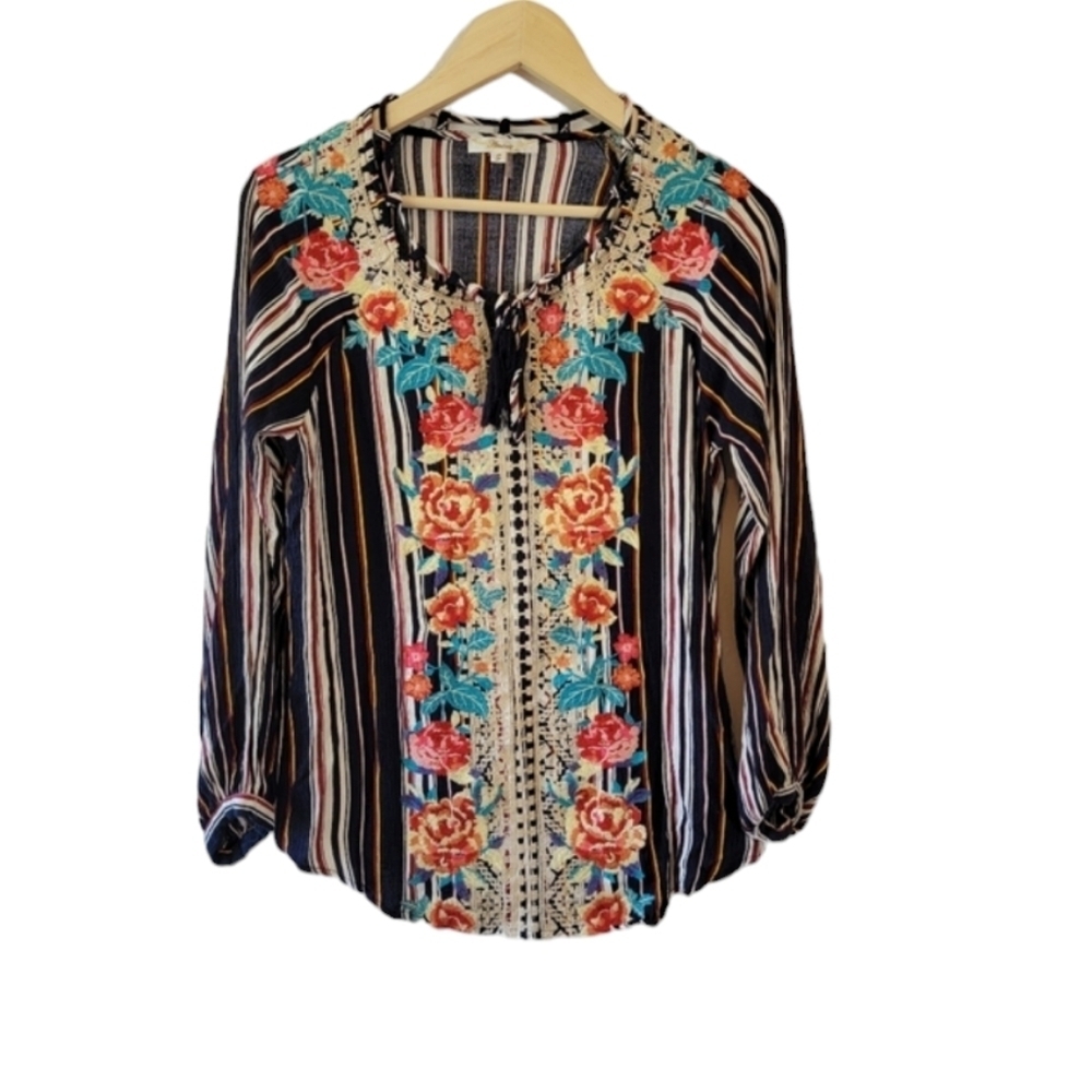Andree Women Black/Orange Floral Embroidered Casual Top Sz S Long Sleeve Boho